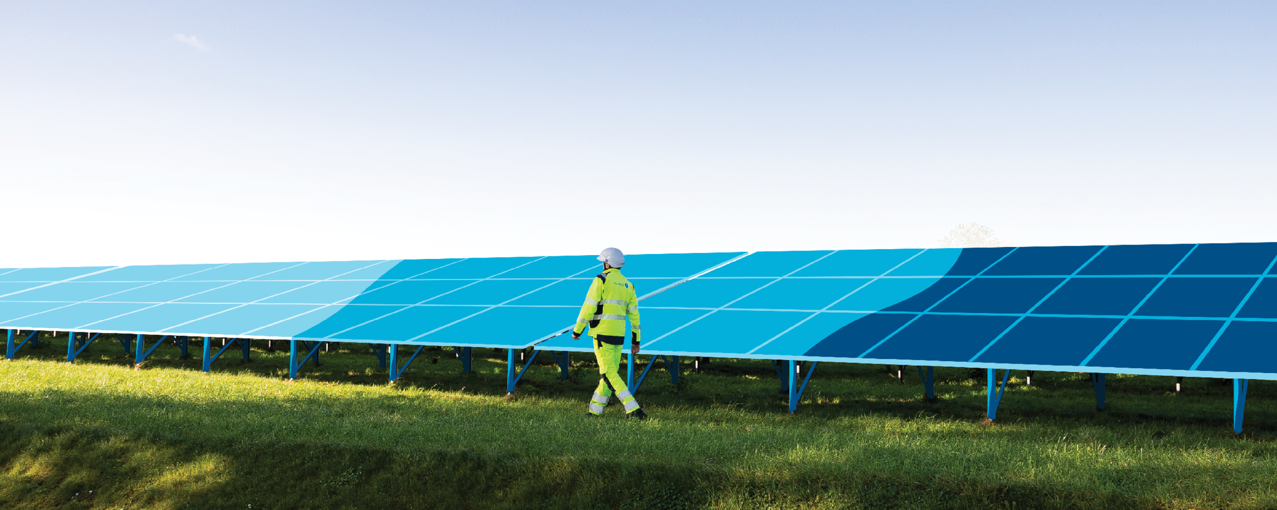 Man walking next to a solar panel